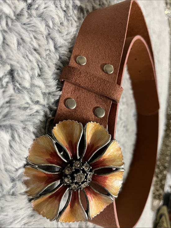 le chateau Accessories - le chateau Brown Belt with Yellow and Red Floral Enamel Buckle